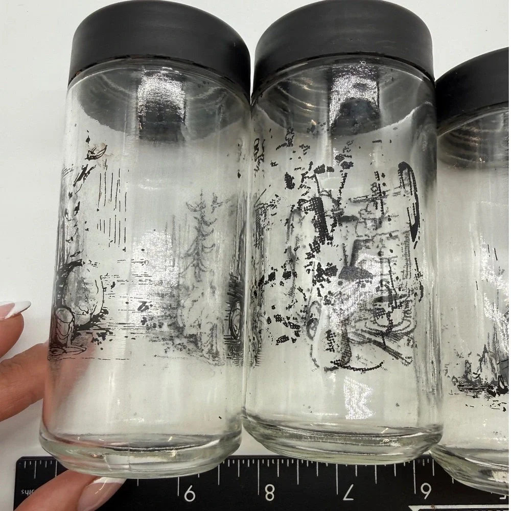 Vintage Watkins Glass Spice Jar Set of 5 Black Graphic Kitchen Sketch Shakers